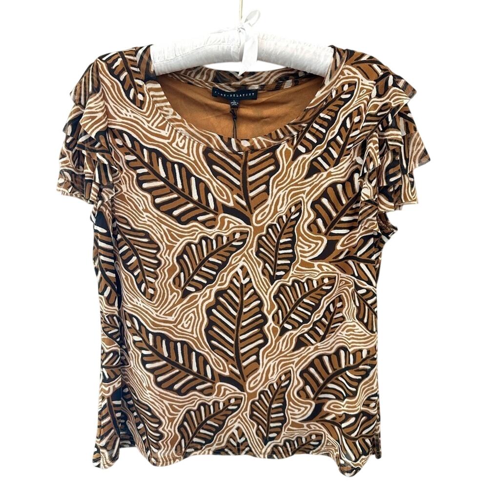 JANE & DELANCEY | Brown Leaf Print Ruffle Sleeve Stretch Blouse NWT | Large